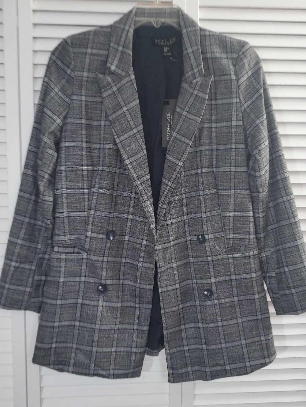 Rachel Zoe NWT Double-breast Gray And Navy Plaid Blazer Jacket w Pockets- Sz M
